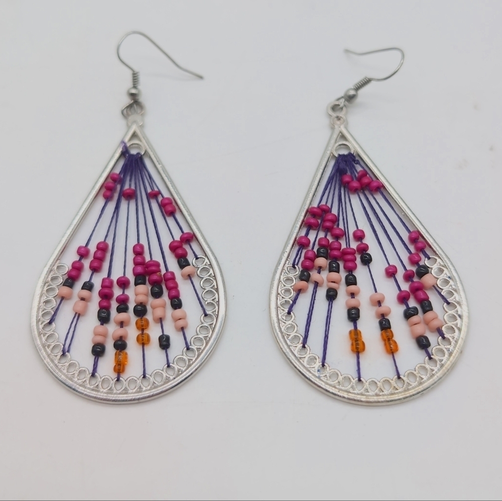 Elegant Silver and Pink Beaded Teardrop Earrings
